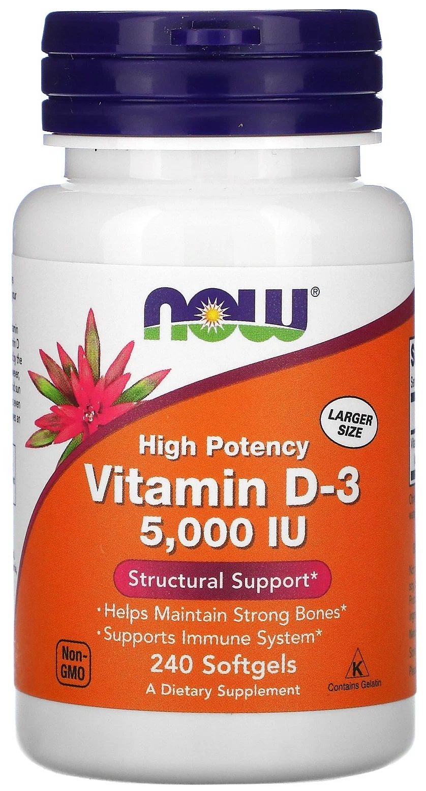 Витамины NOW Д-3 Поддержка иммунитета и метаболизма, 5000МЕ, 120 шт