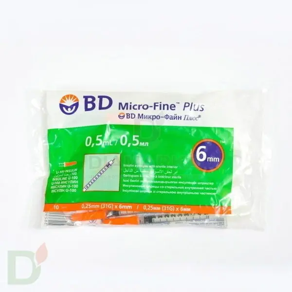 Шприц инсулиновый 100МЕ/0,5МЛ с иглой 31 G(0.25мм*6мм) Micro-Fine Plus