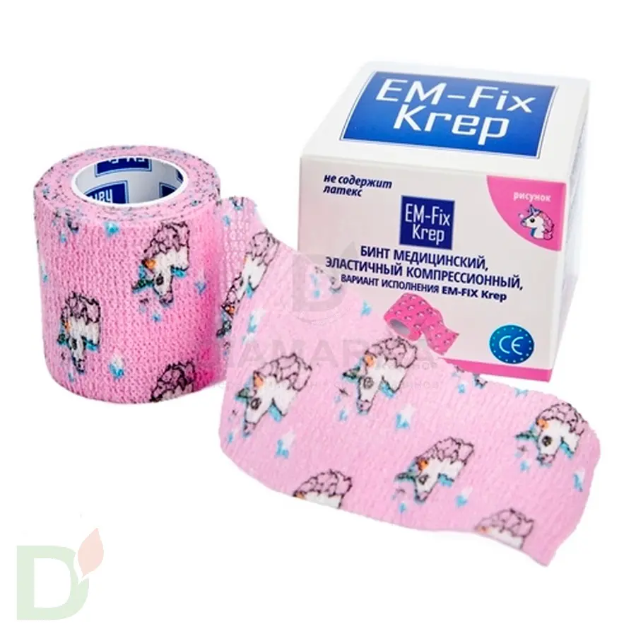 Бинт самофиксирующийся EM-Fix krep Розовый с единорогом, 5см*4,5м в Новосибирске
